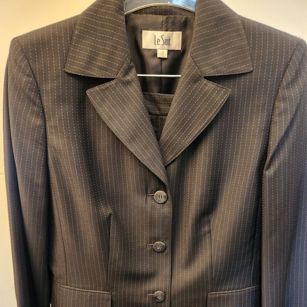 Le Suit 2 pc Pant Suit: navy blue with suttle beige pin stripe